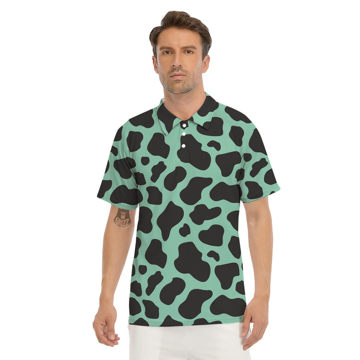 Black And Teal Cow Print Men's Golf Shirts-grizzshop