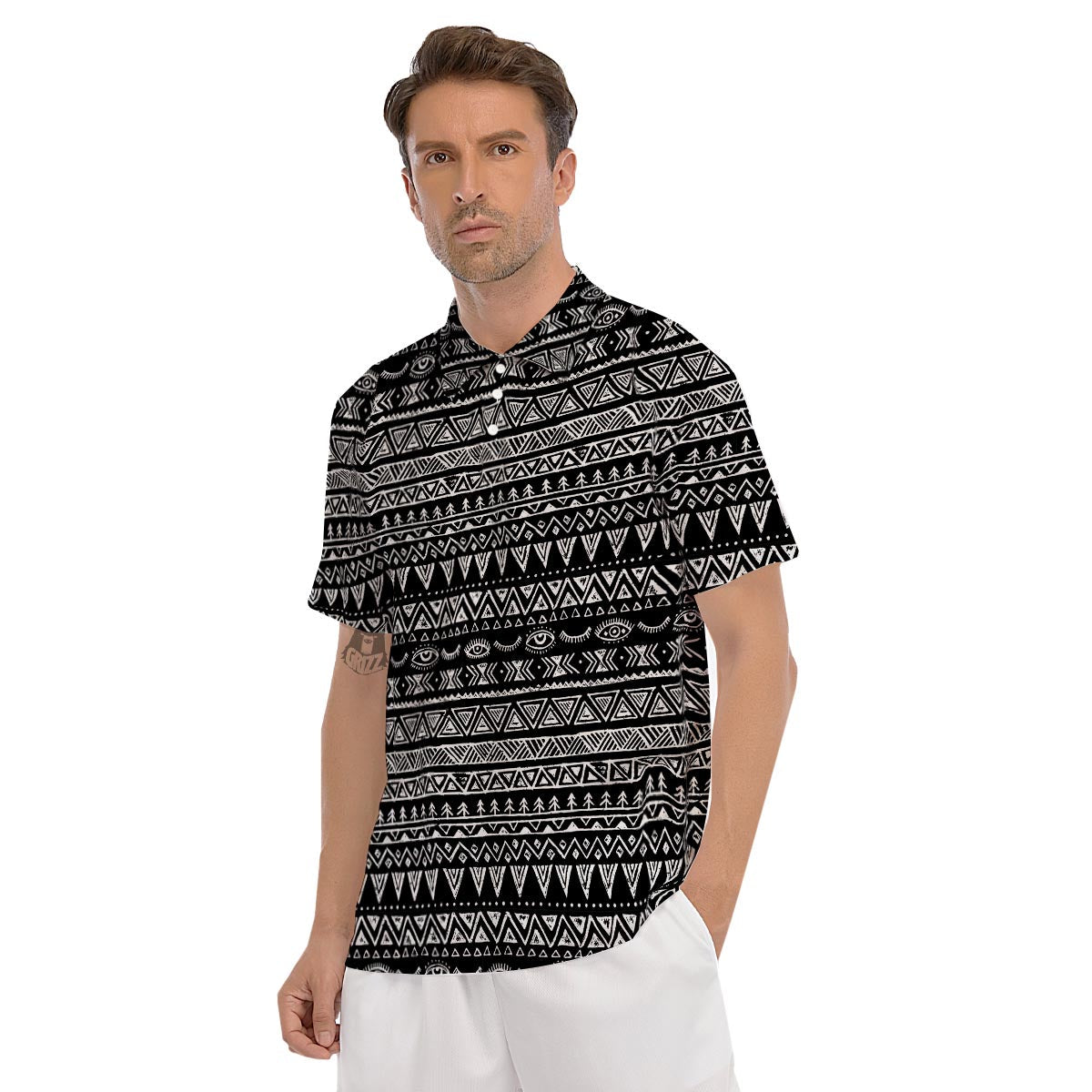 Black And White Doodle Tribal Aztec Print Men's Golf Shirts-grizzshop
