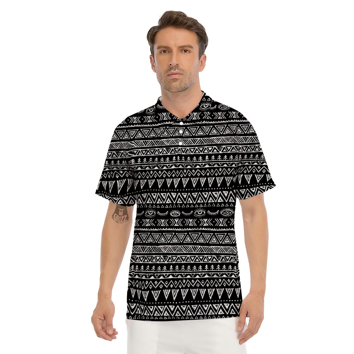 Black And White Doodle Tribal Aztec Print Men's Golf Shirts-grizzshop