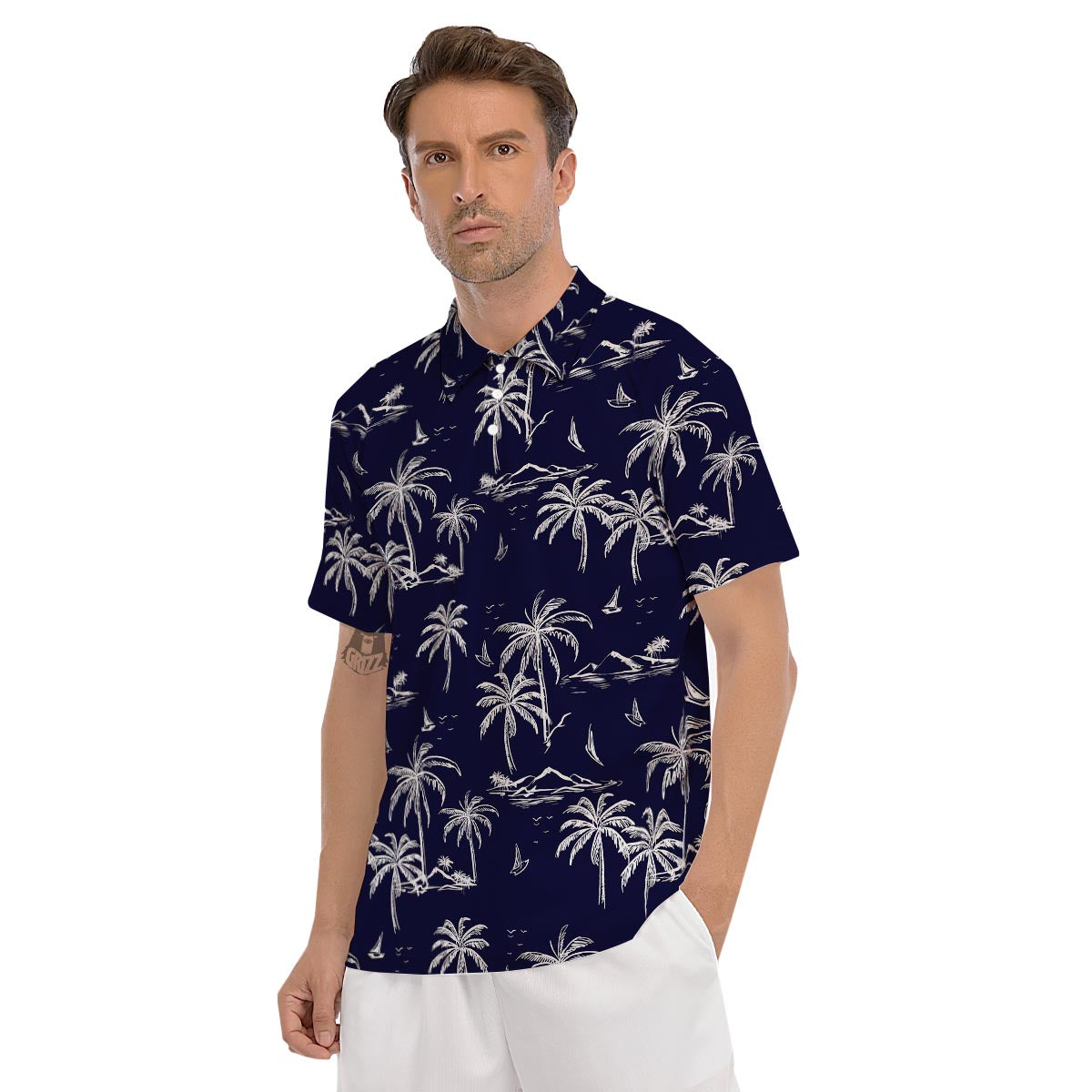 Black Palm Tree Hawaiian Print Men's Golf Shirts-grizzshop
