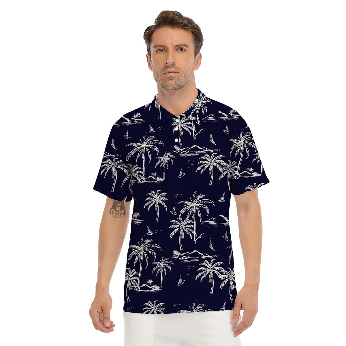 Black Palm Tree Hawaiian Print Men's Golf Shirts-grizzshop