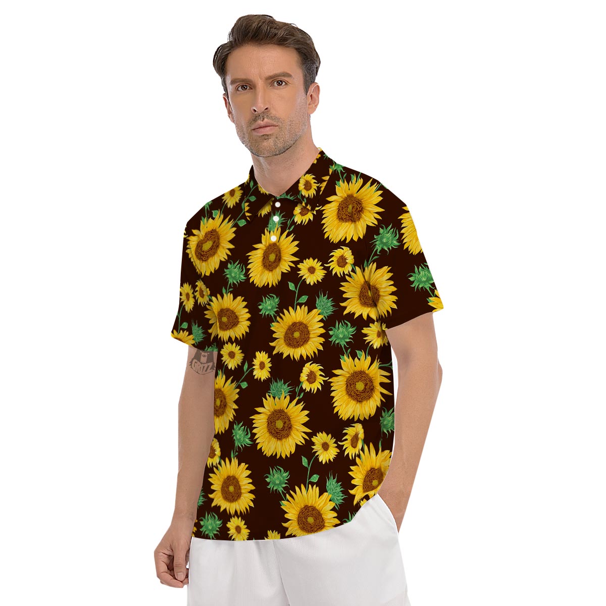 Black Sunflower Print Men's Golf Shirts-grizzshop