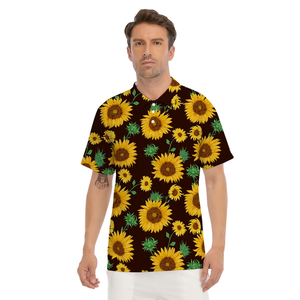 Black Sunflower Print Men's Golf Shirts-grizzshop
