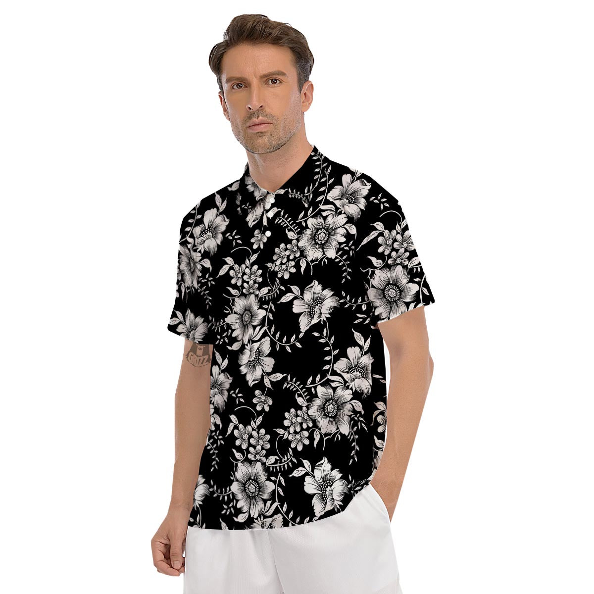 Black White Floral Print Men's Golf Shirts-grizzshop