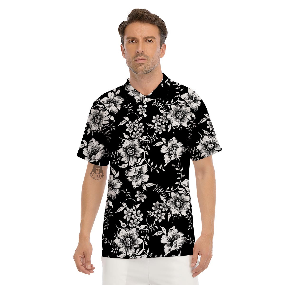 Black White Floral Print Men's Golf Shirts-grizzshop