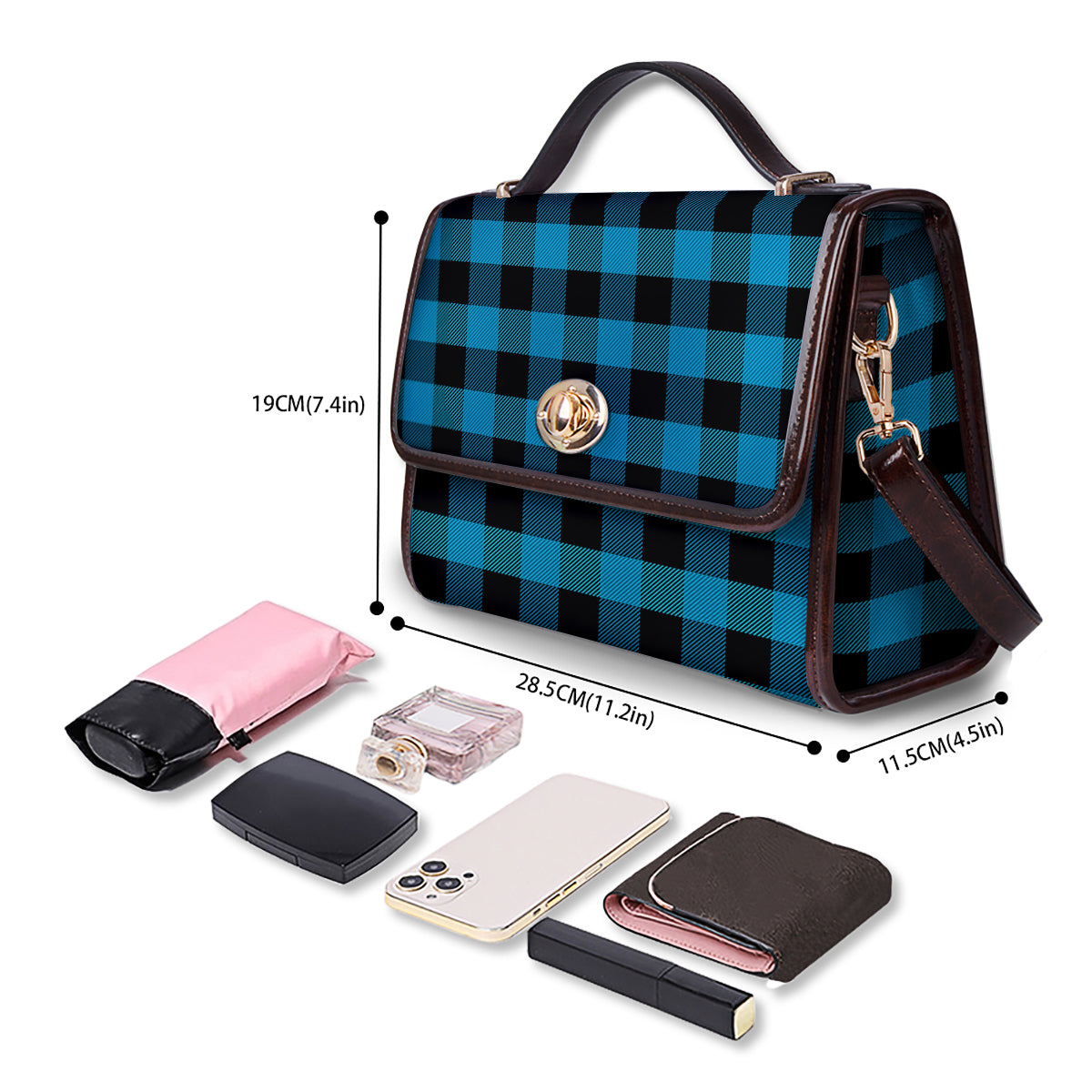 Black And Turquoise Check Print Pattern Women's Satchel Bag