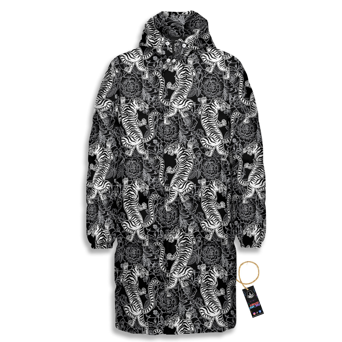 Black And White Chinese Tiger Print Pattern Long Down Jacket