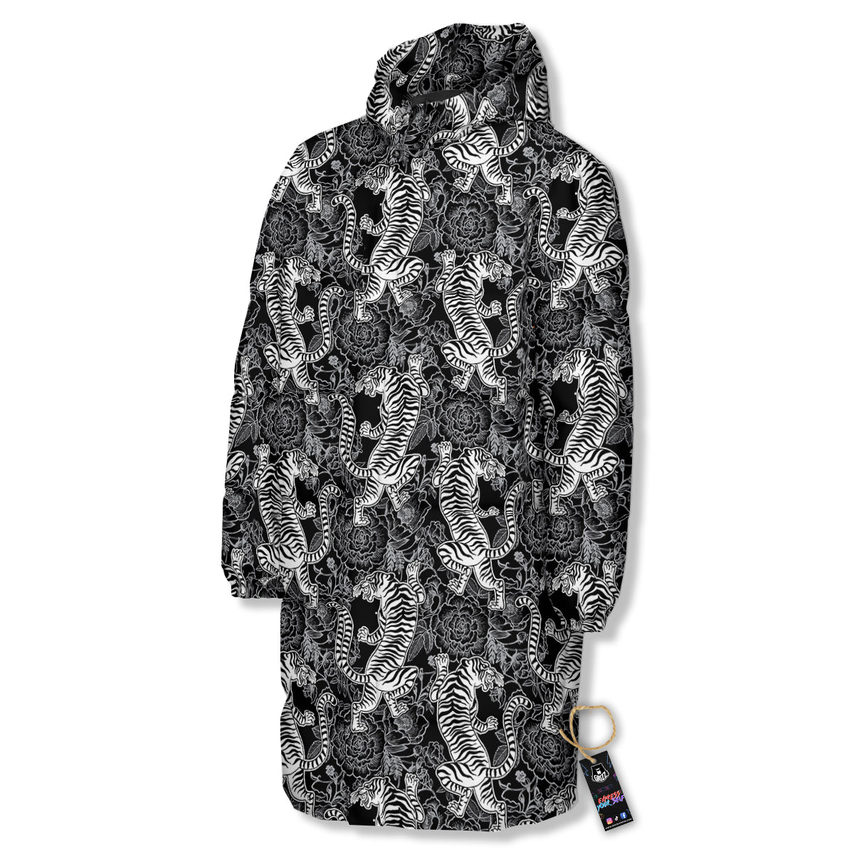 Black And White Chinese Tiger Print Pattern Long Down Jacket