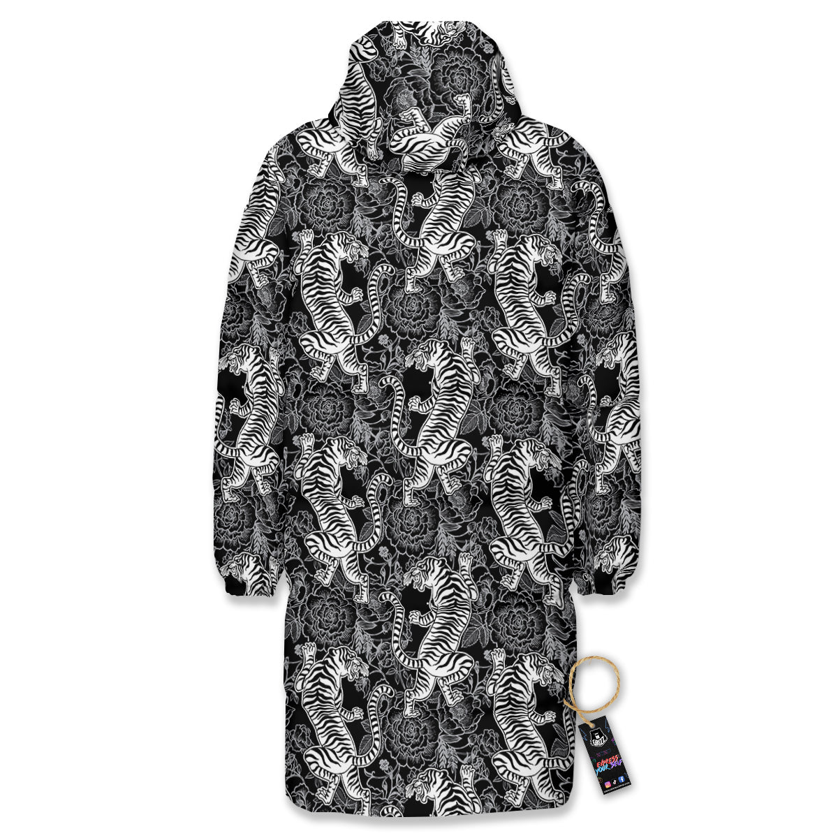 Black And White Chinese Tiger Print Pattern Long Down Jacket