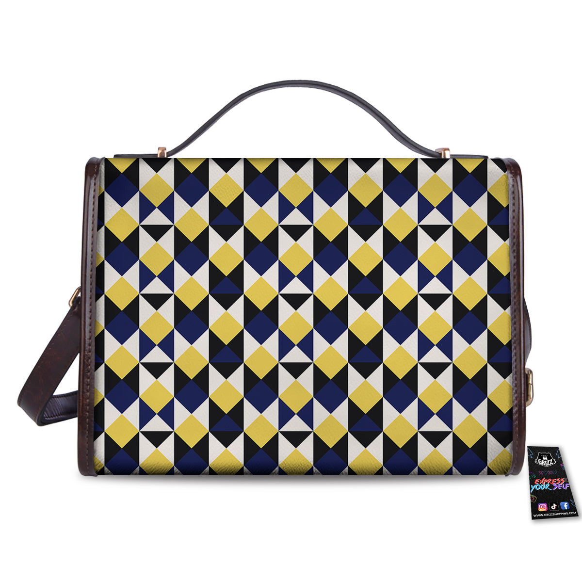 Black Argyle And Blue Yellow Print Pattern Women's Satchel Bag