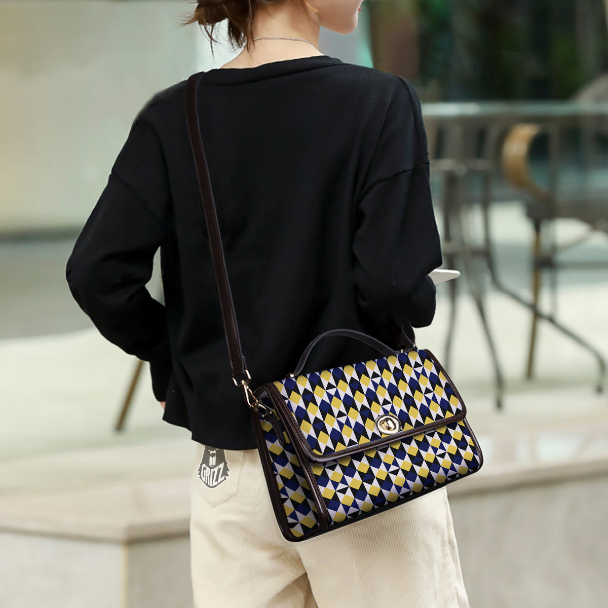 Black Argyle And Blue Yellow Print Pattern Women's Satchel Bag