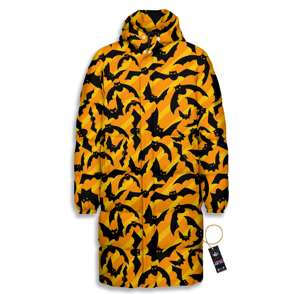 Black Bat And Orange Striped Print Pattern Long Down Jacket