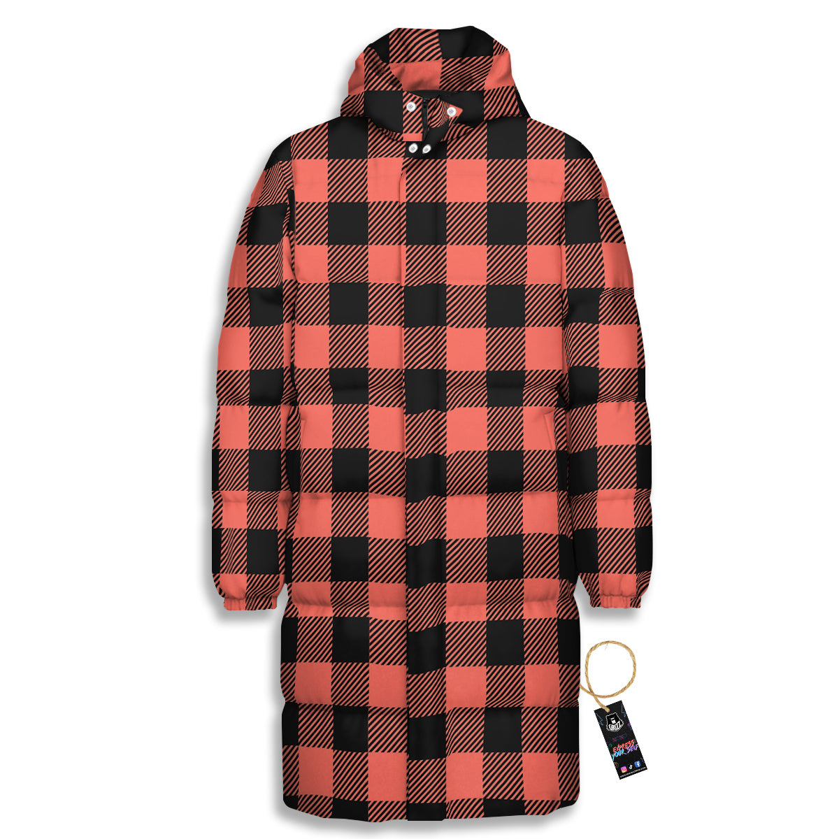 Black Buffalo Check And Coral Pink Print Long Down Jacket