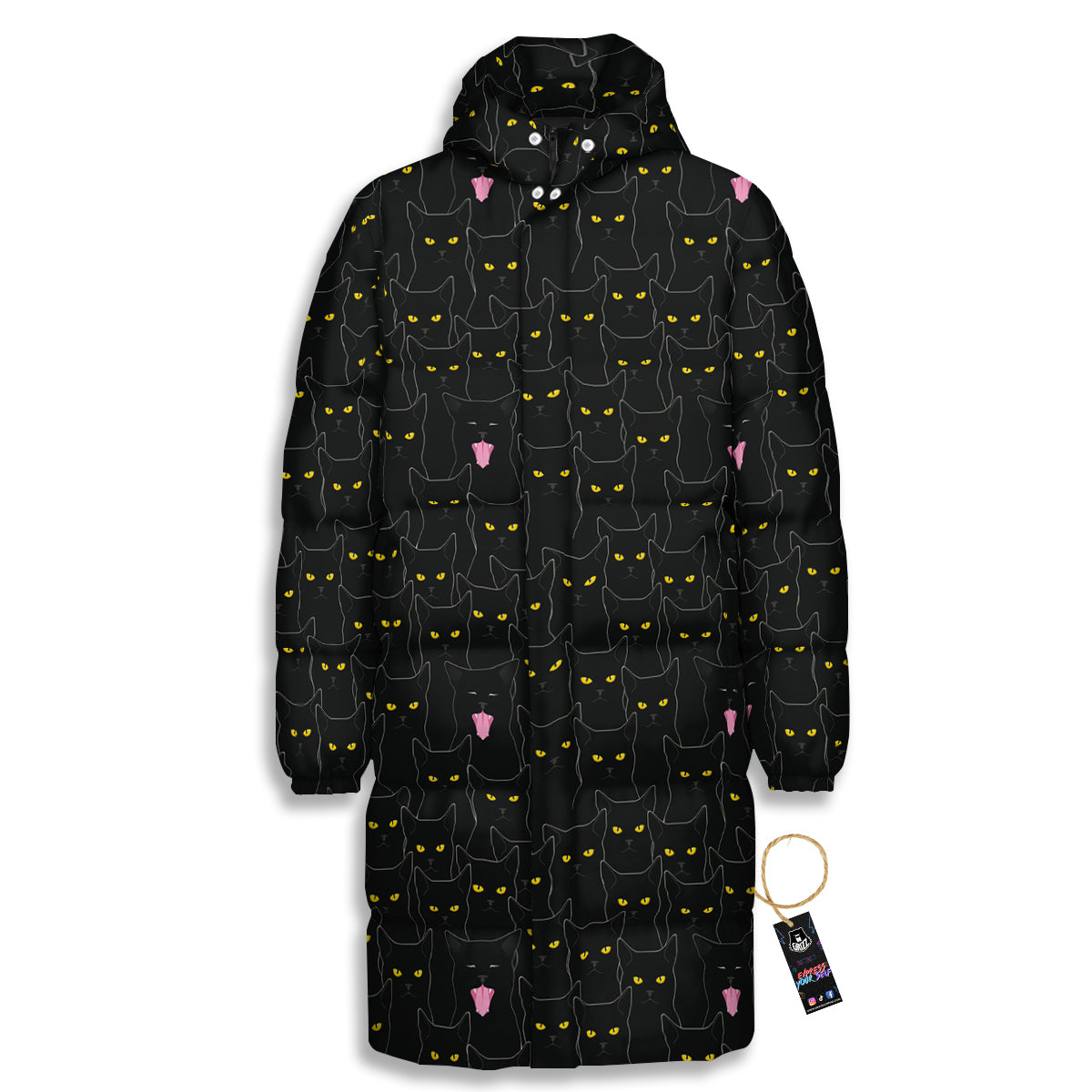Black Cats Eyes Yellow Print Pattern Long Down Jacket