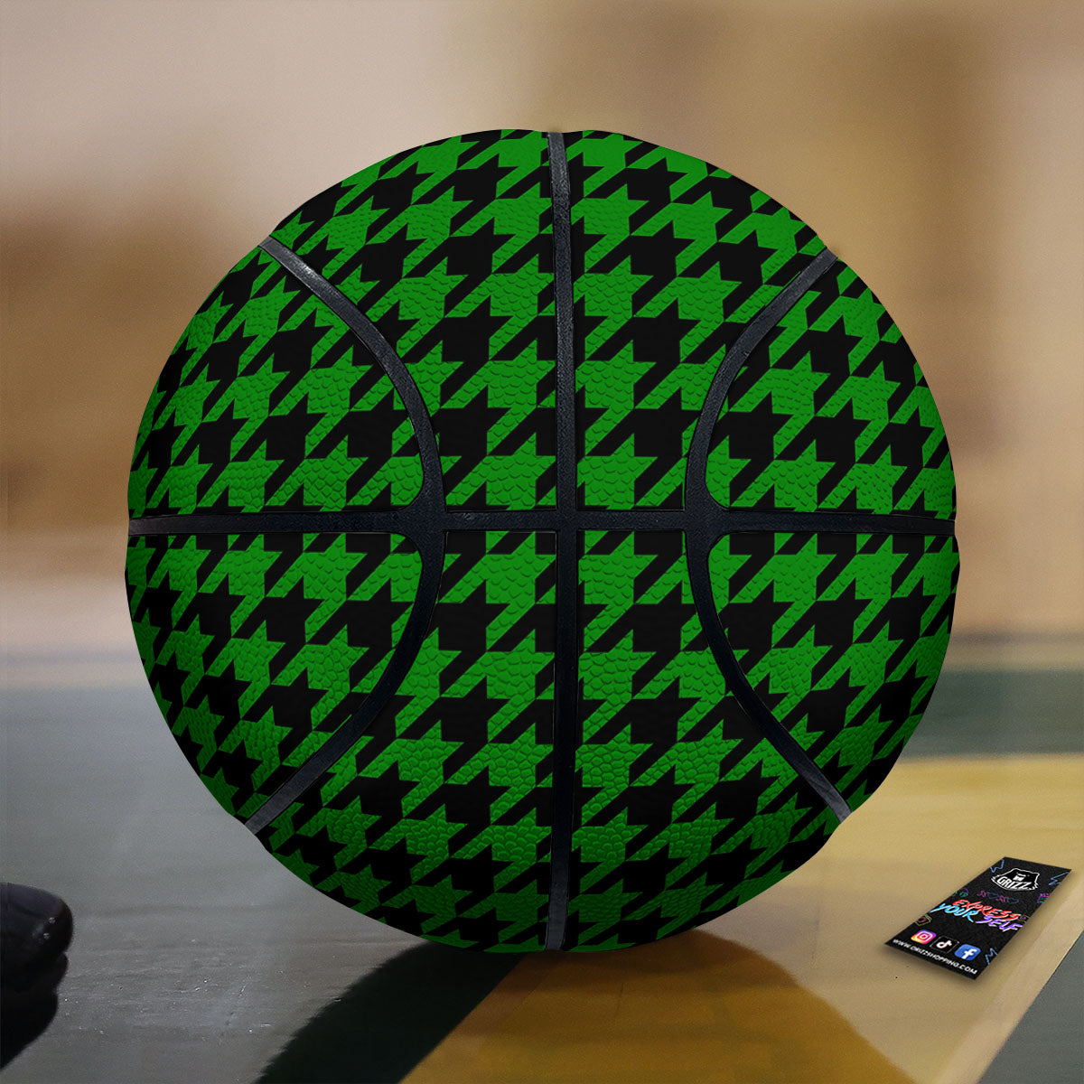 Black Green Jungle Houndstooth Print Basketball