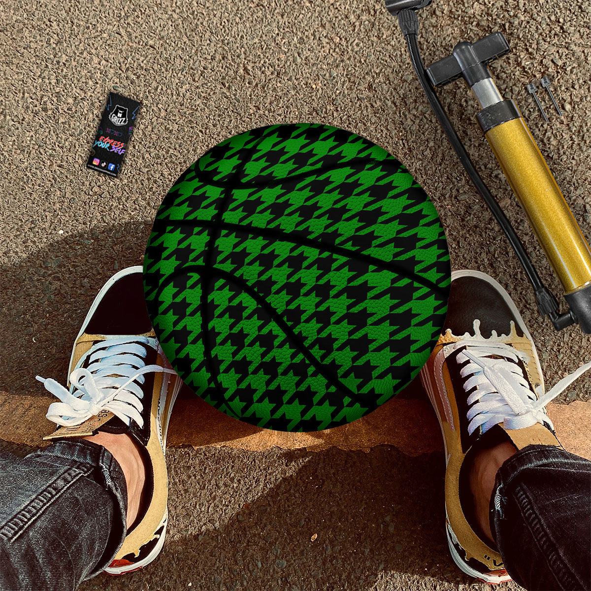 Black Green Jungle Houndstooth Print Basketball