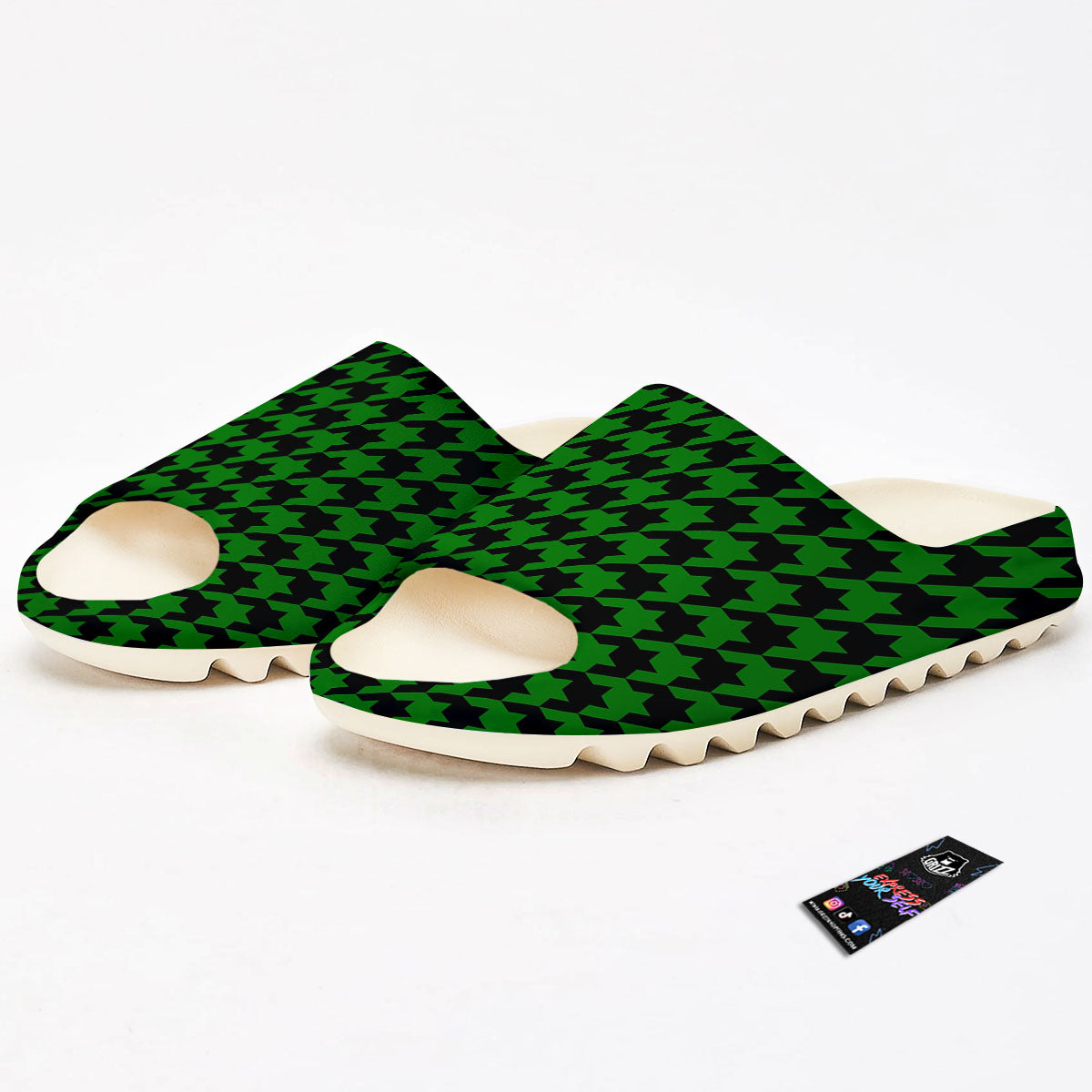 Black Green Jungle Houndstooth Print Sandals-grizzshop