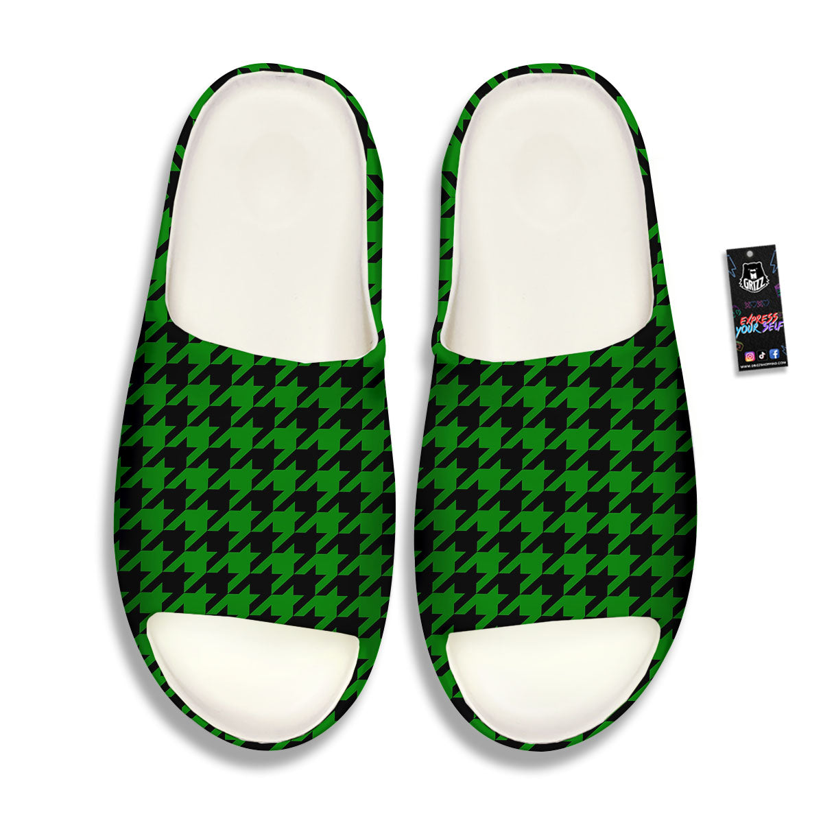 Black Green Jungle Houndstooth Print Sandals-grizzshop