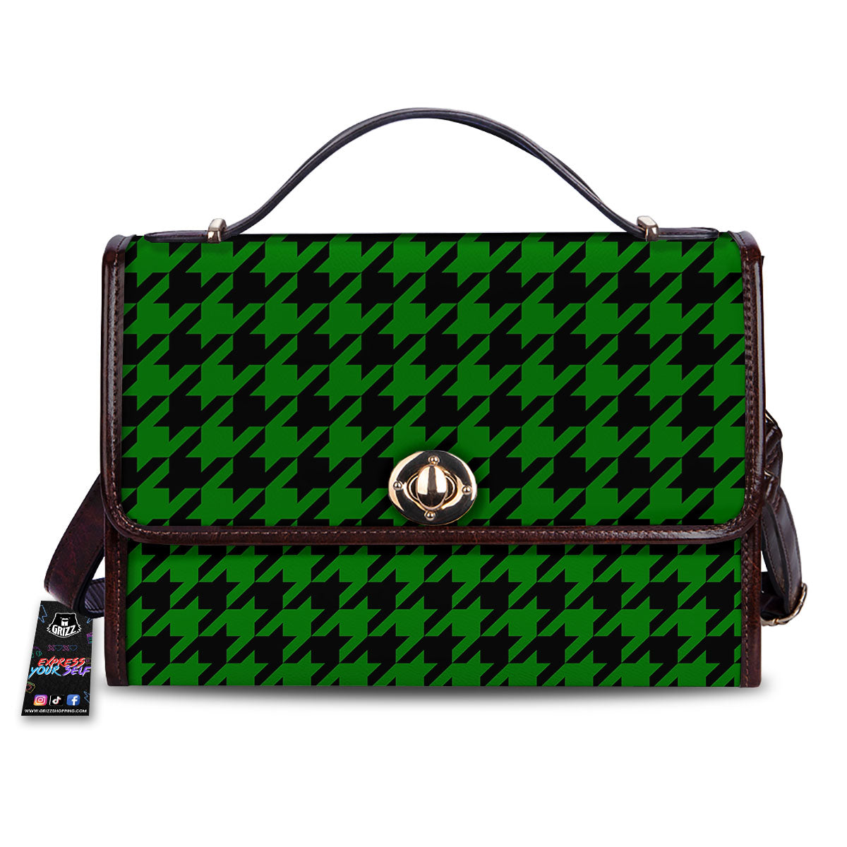 Black Green Jungle Houndstooth Print Women's Satchel Bag