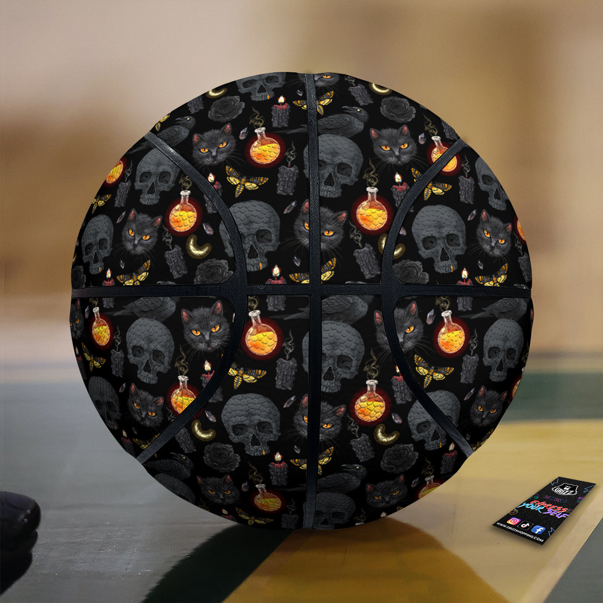 Black Head Cat Raven And Skull Print Pattern Basketball