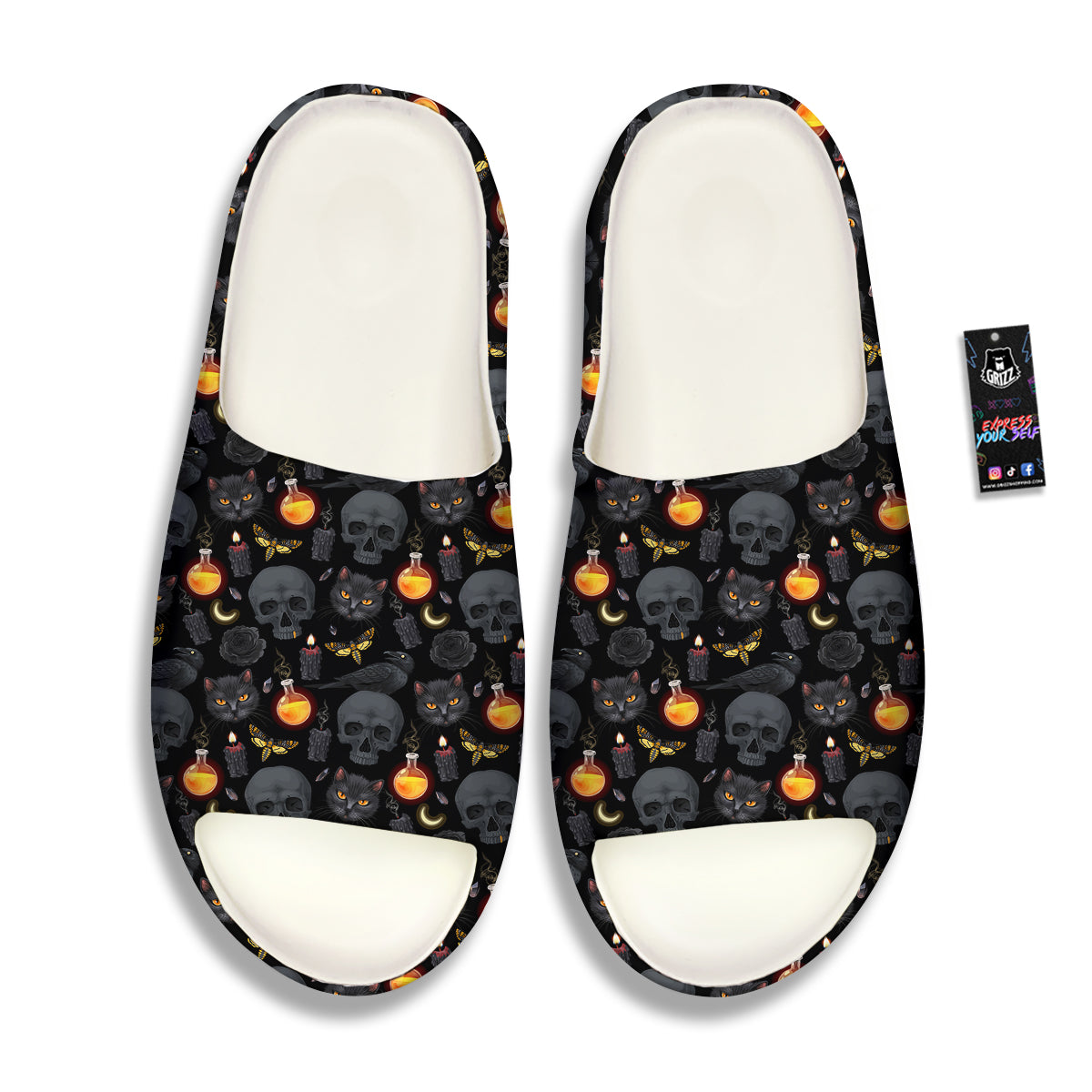 Black Head Cat Raven And Skull Print Pattern Sandals-grizzshop