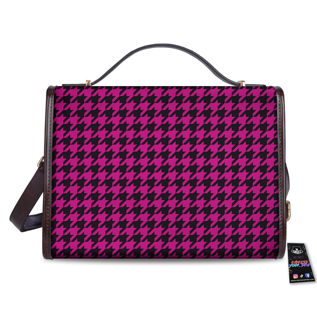 Black Houndstooth And Hot Pink Print Women's Satchel Bag
