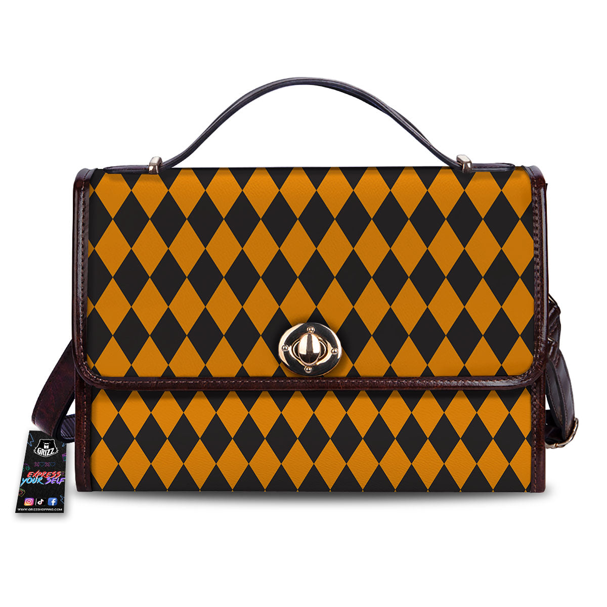 Black Orange And White Harlequin Print Women's Satchel Bag