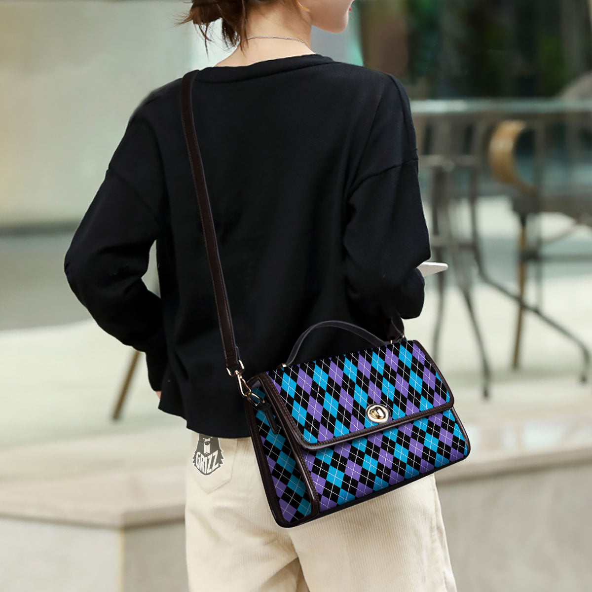 Black Purple And Blue Argyle Print Pattern Women's Satchel Bag
