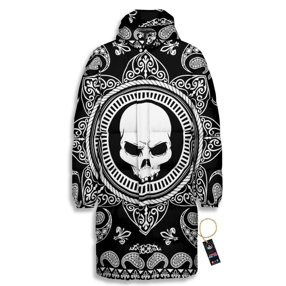 Black Skull Bandana Print Long Down Jacket