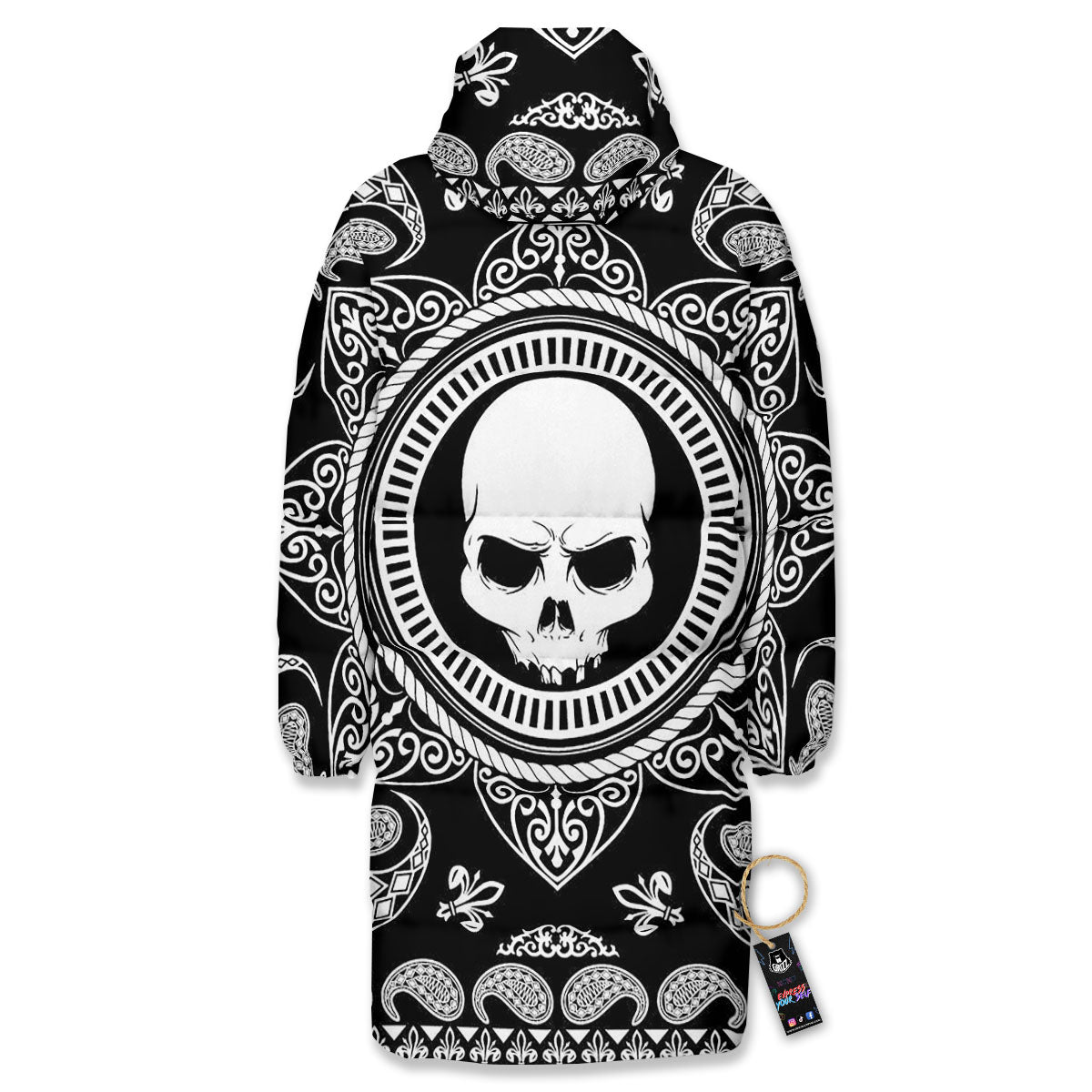 Black Skull Bandana Print Long Down Jacket