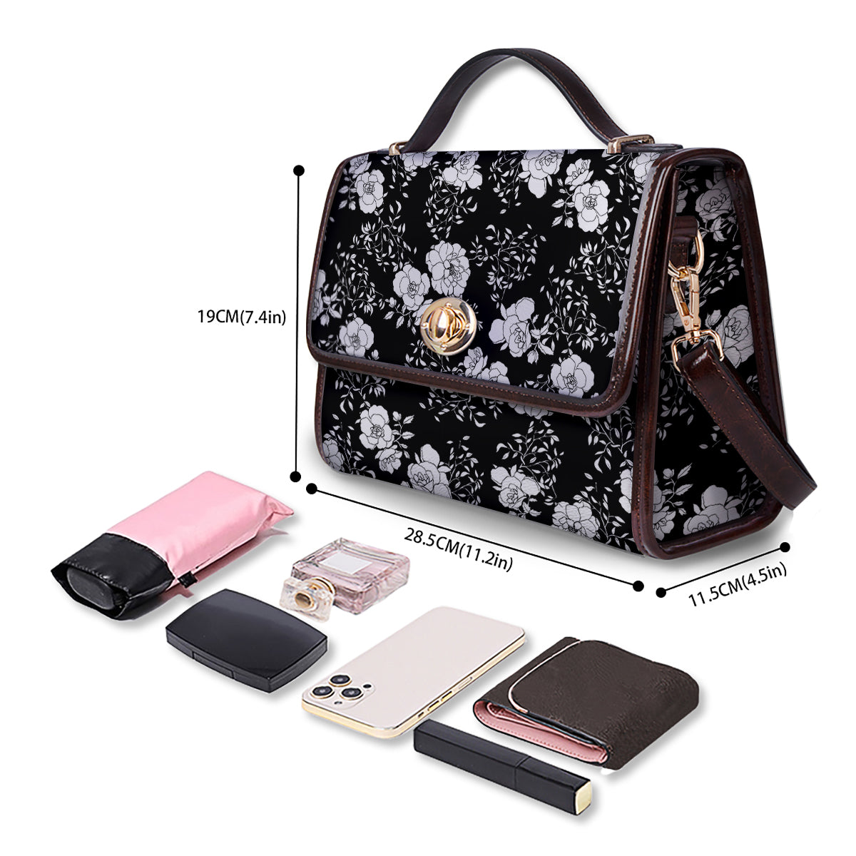 Black Vintage And White Floral Print Pattern Women's Satchel Bag