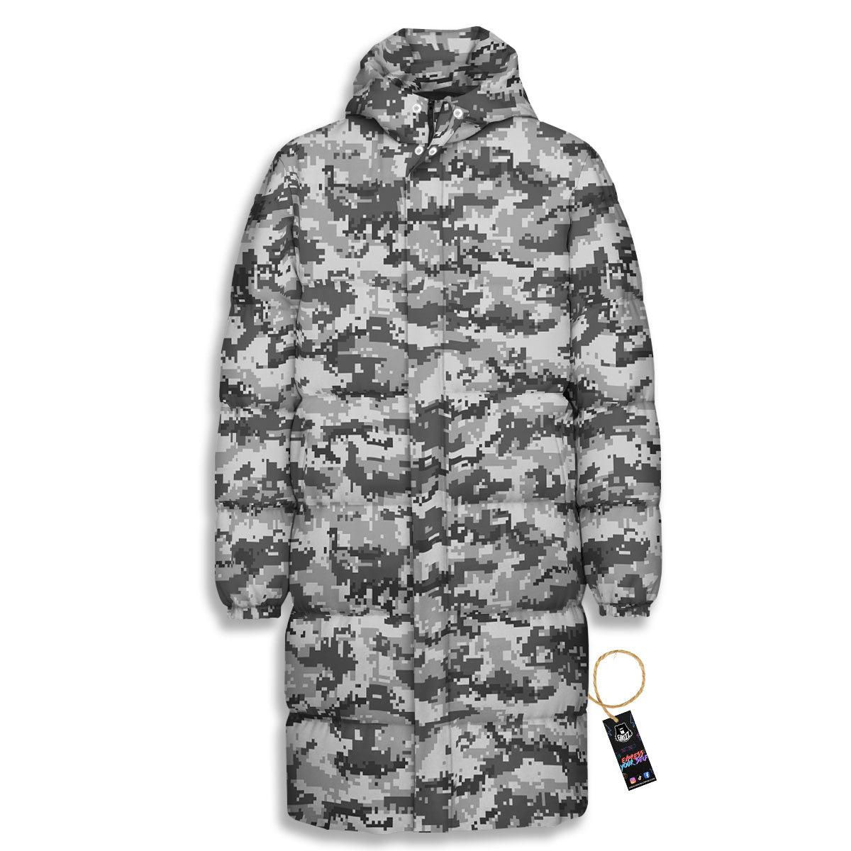 Black White And Grey Digital Camo Print Long Down Jacket