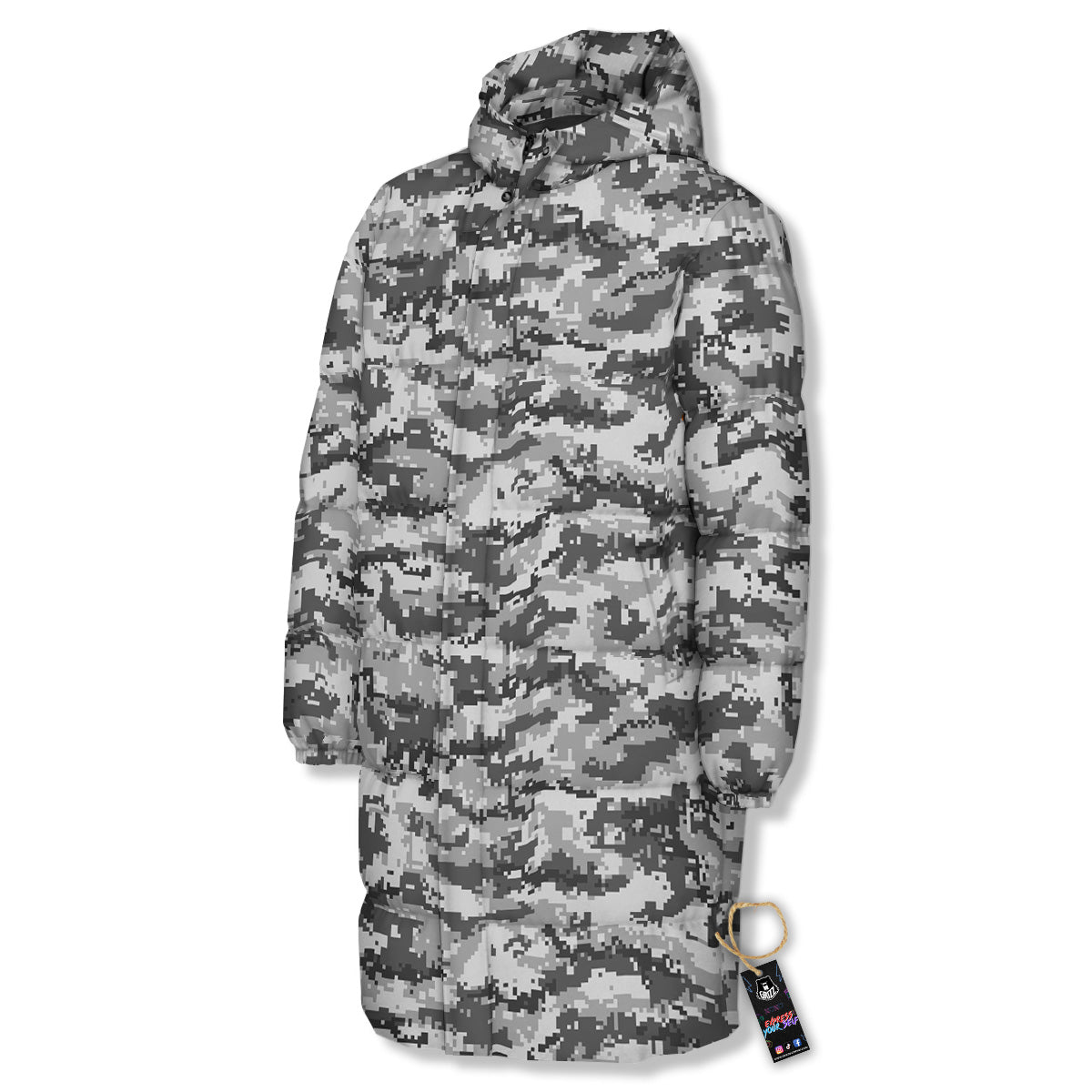 Black White And Grey Digital Camo Print Long Down Jacket