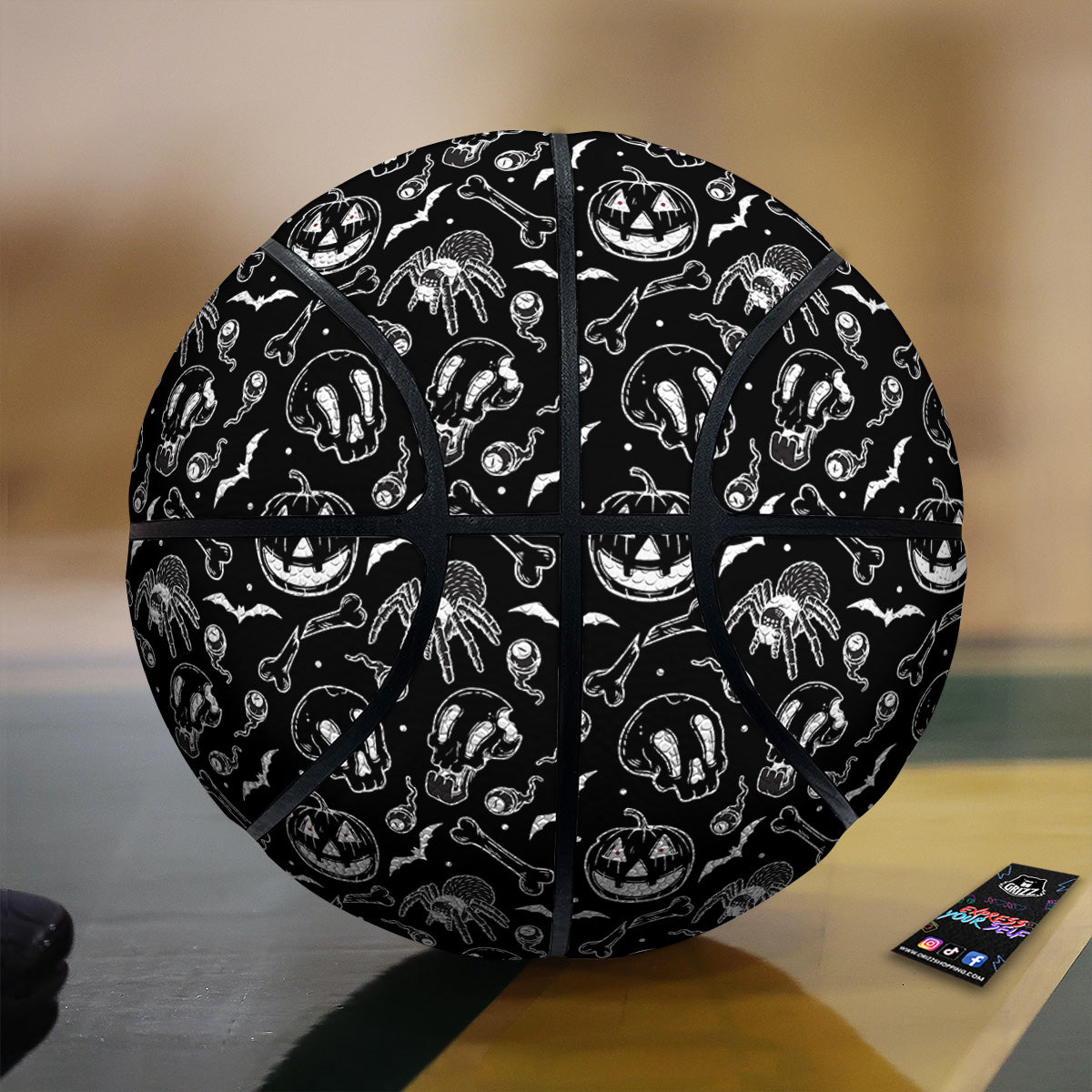 Black White Handdrawn Skull And Spider Print Pattern Basketball