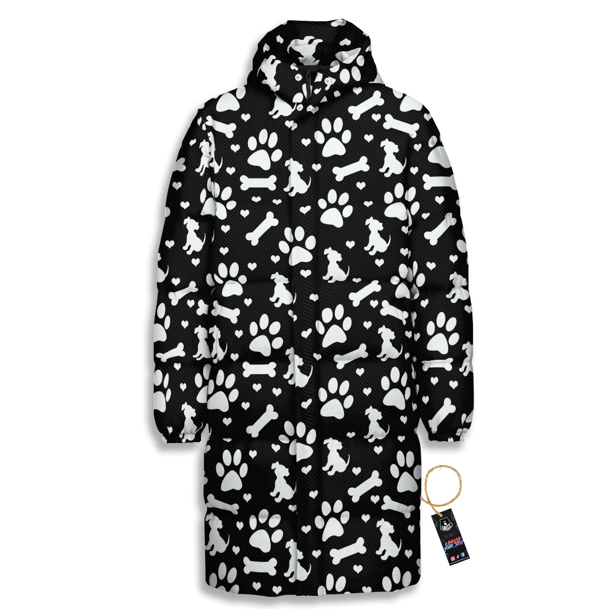 Black and White Dog Paw Print Pattern Long Down Jacket