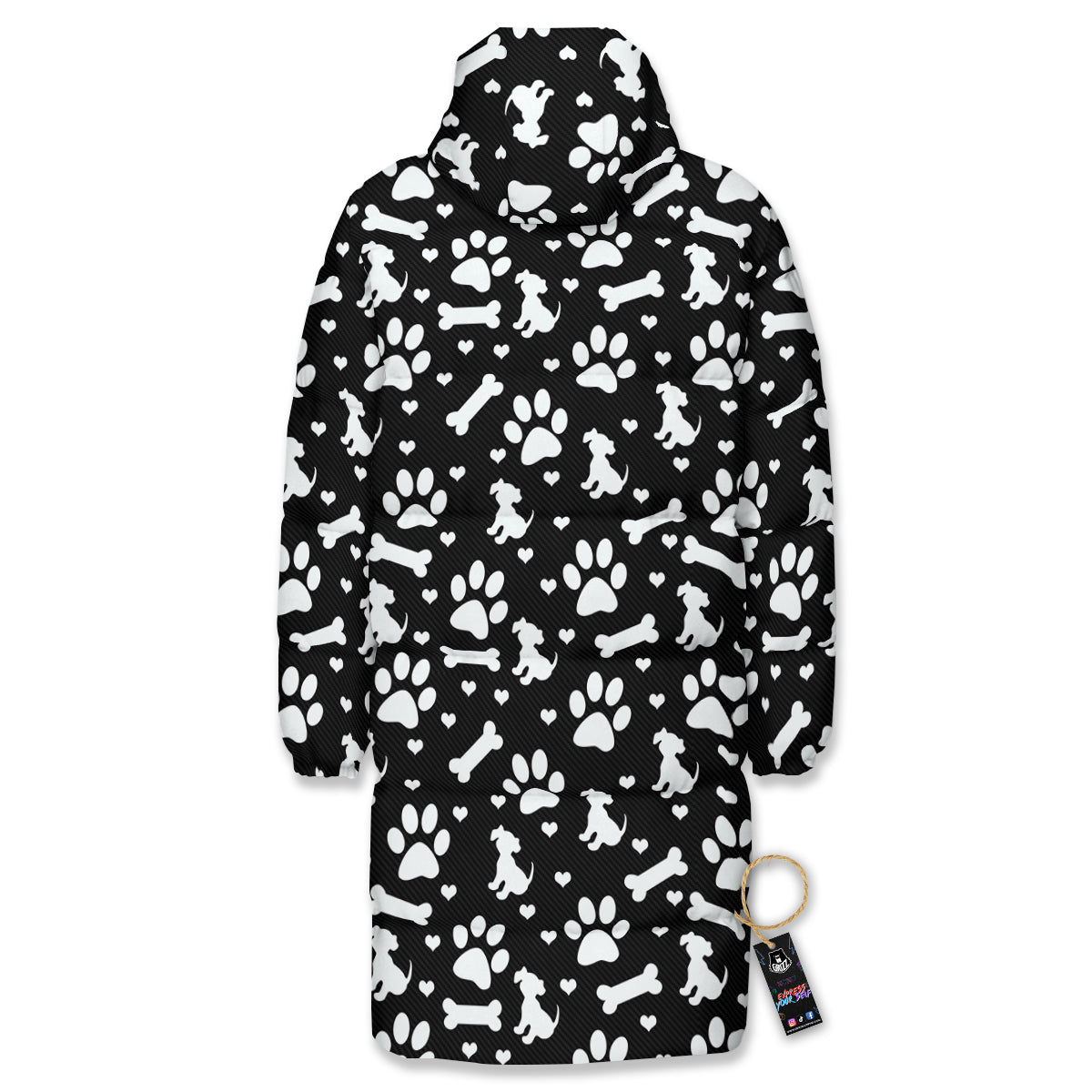 Black and White Dog Paw Print Pattern Long Down Jacket