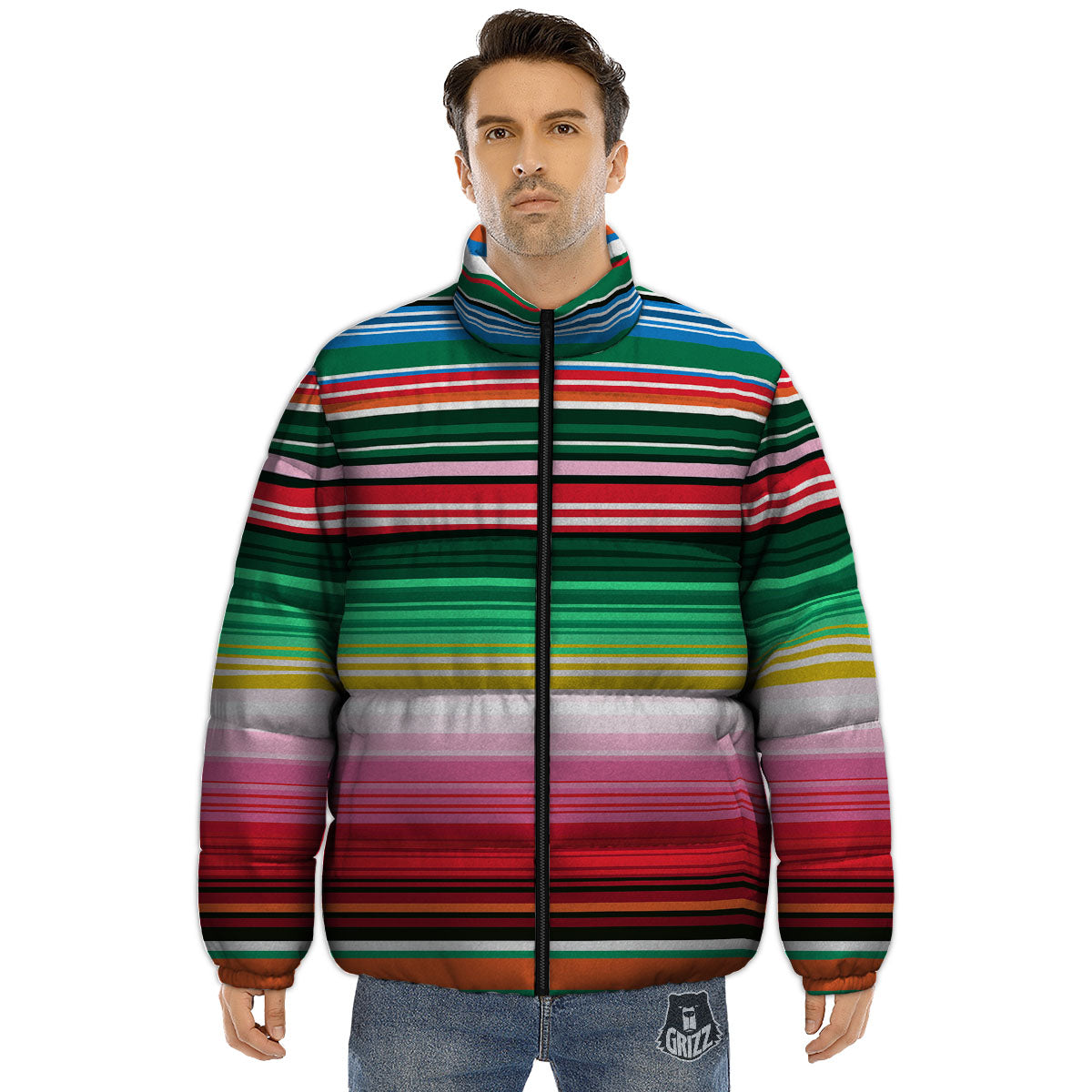 Blanket Mexican Serape Print Pattern Puffer Jacket-grizzshop