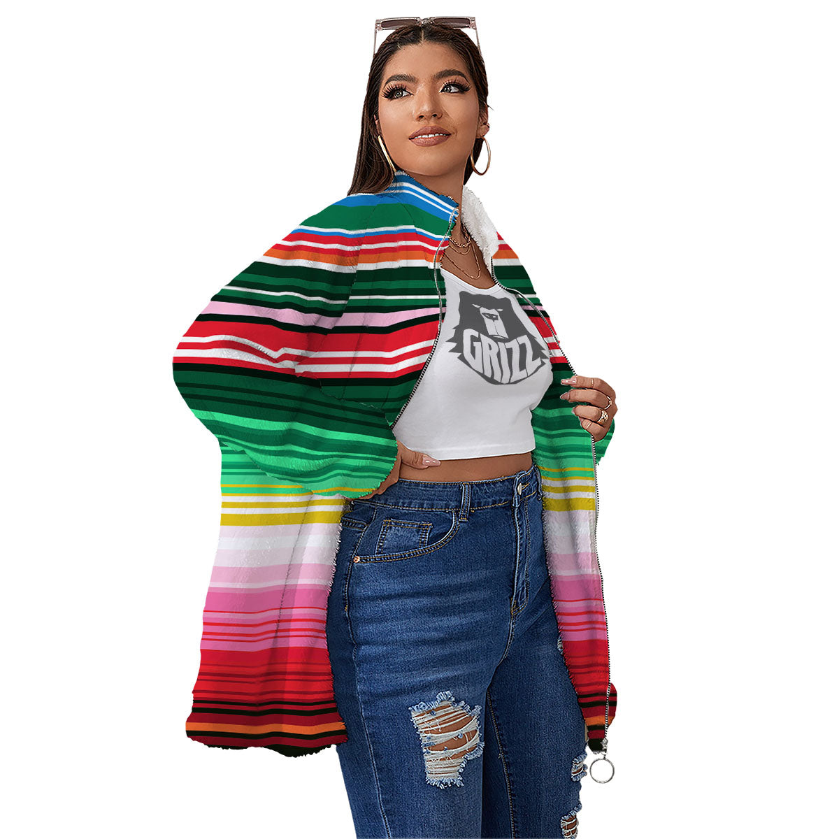 Blanket Mexican Serape Print Pattern Women's Sherpa Jacket-grizzshop