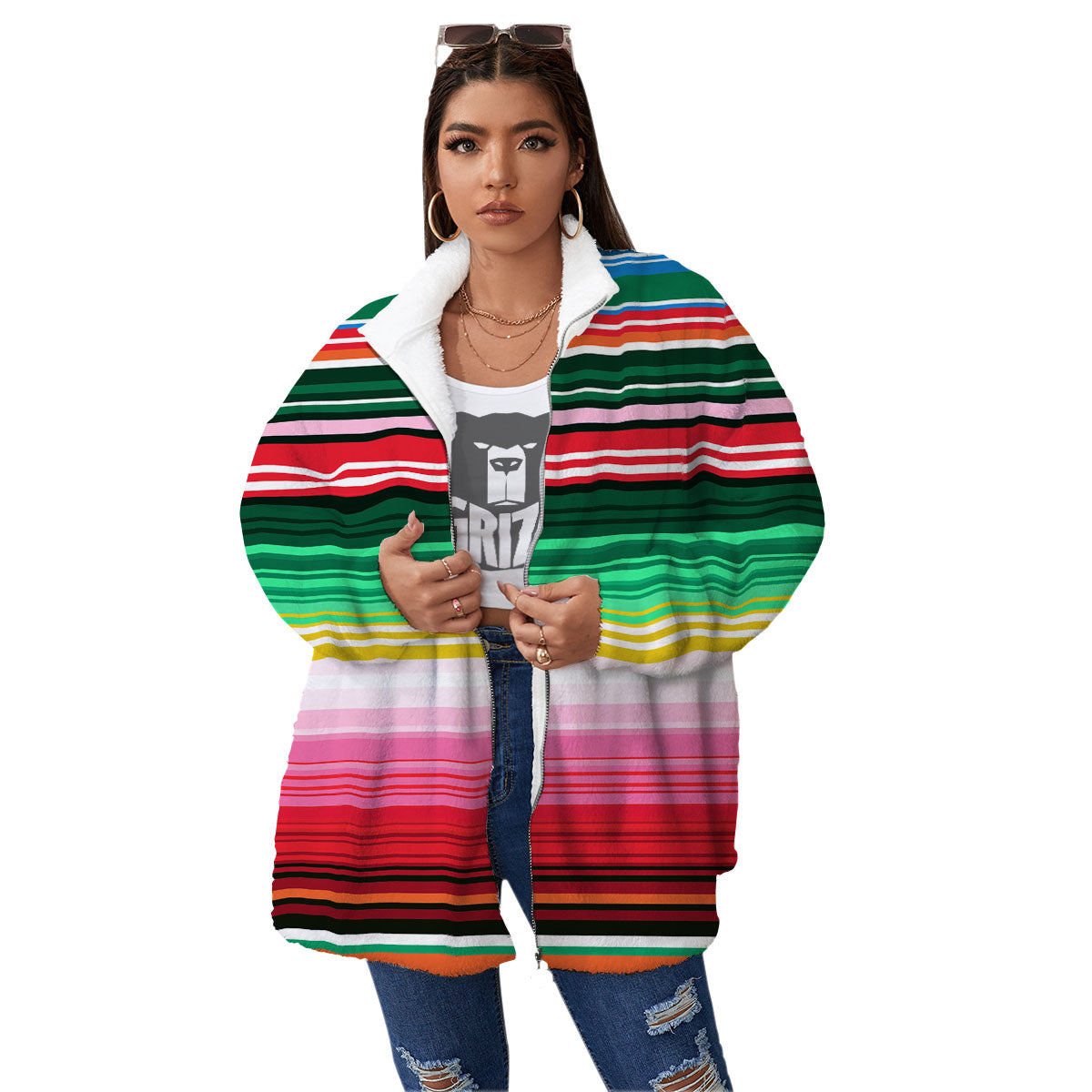 Blanket Mexican Serape Print Pattern Women's Sherpa Jacket-grizzshop
