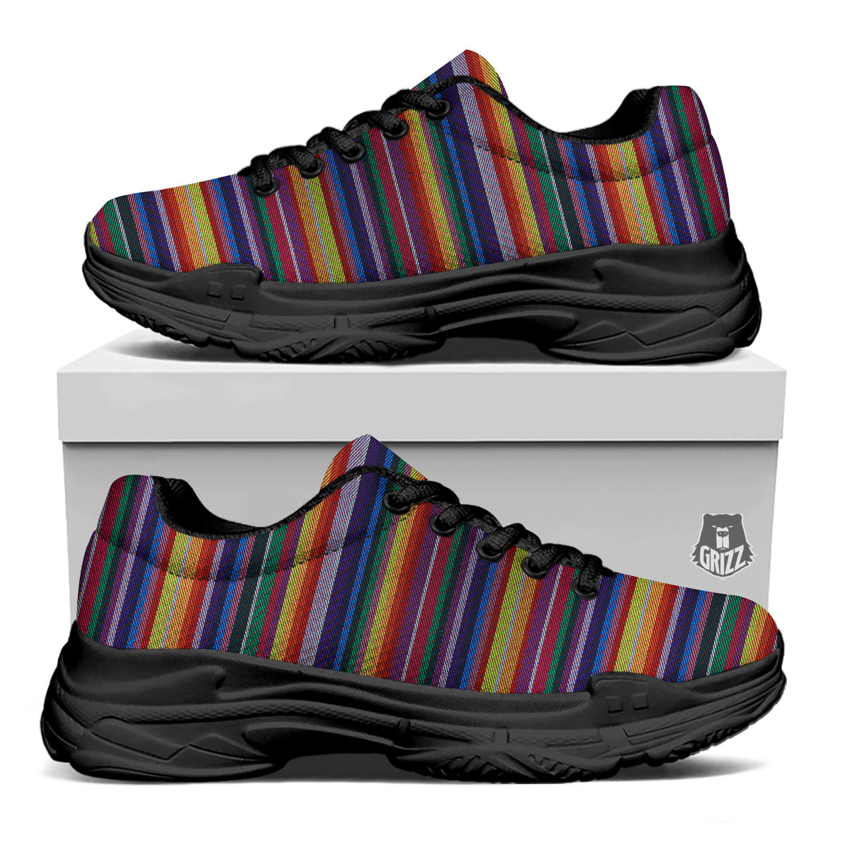 Blanket Stripe Colorful Mexican Print Black Chunky Shoes-grizzshop