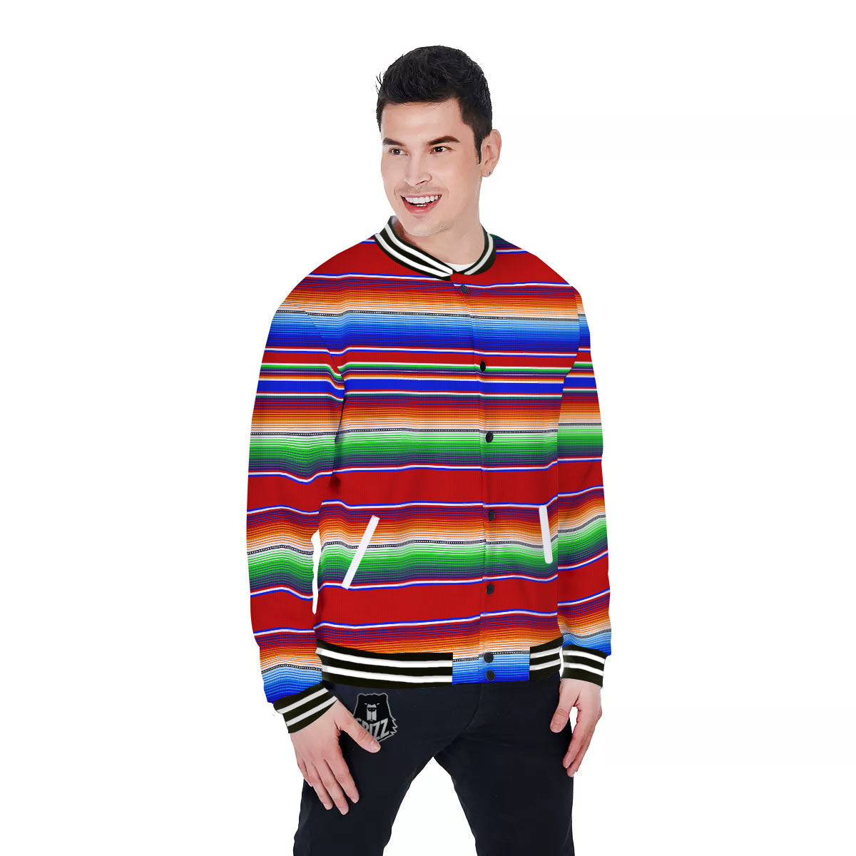 Blanket Stripe Ethnic Mexican Print Baseball Jacket-grizzshop