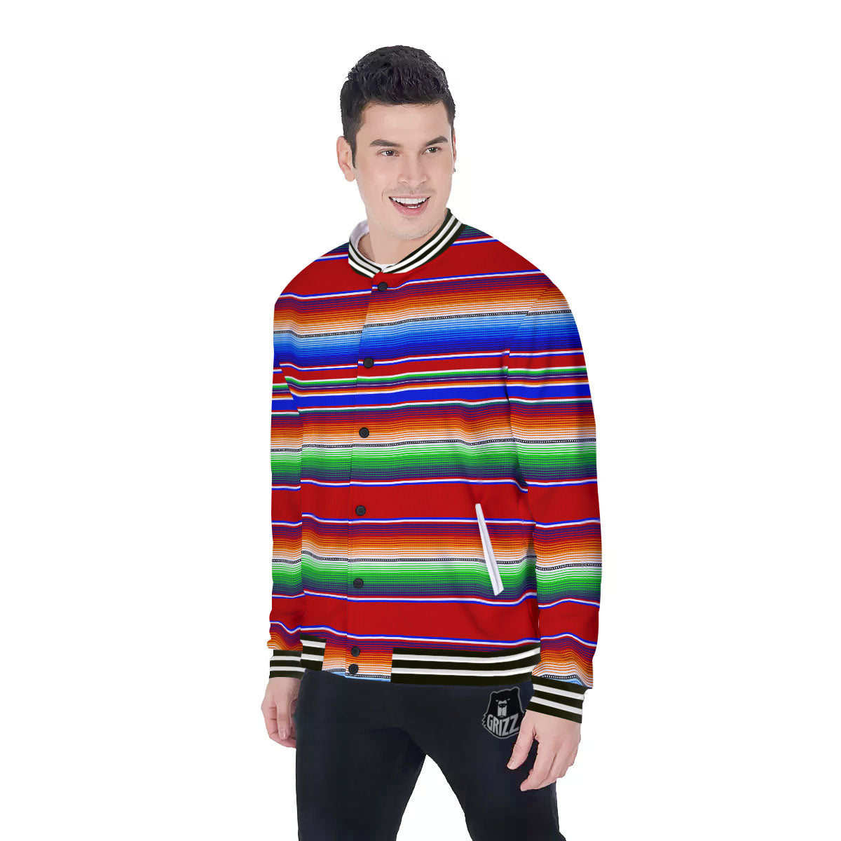 Blanket Stripe Ethnic Mexican Print Baseball Jacket-grizzshop