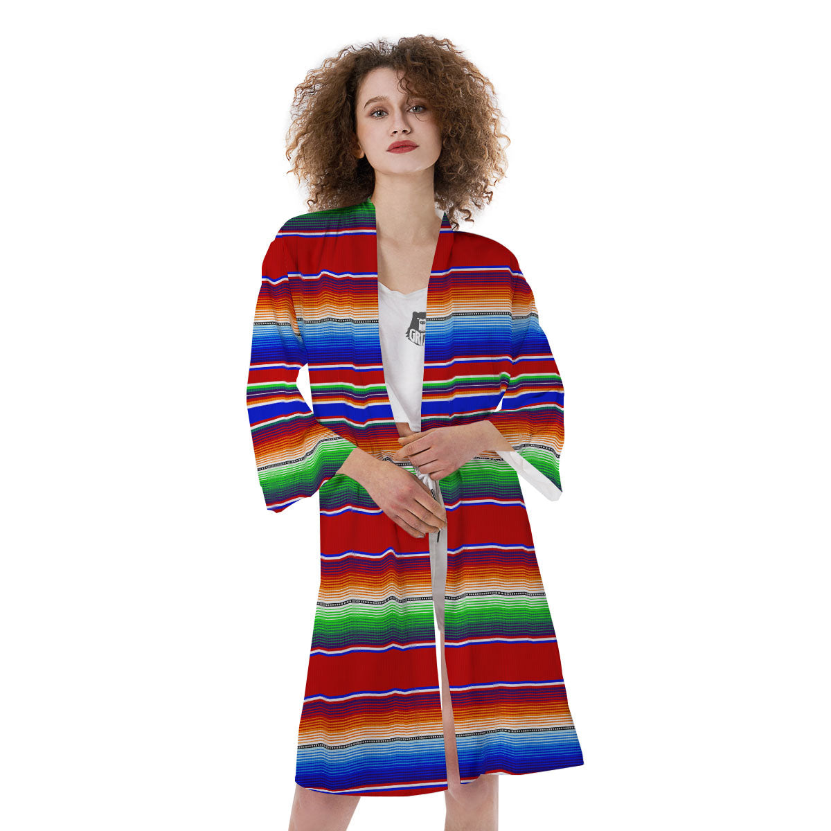 Blanket Stripe Ethnic Mexican Print Kimono-grizzshop