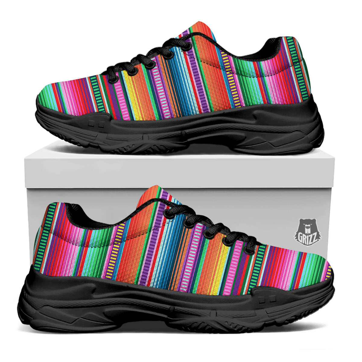 Blanket Stripe Ethnic Serape Print Black Chunky Shoes-grizzshop