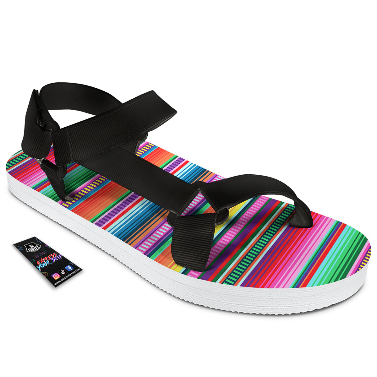 Blanket Stripe Ethnic Serape Print Black Open Toe Sandals-grizzshop
