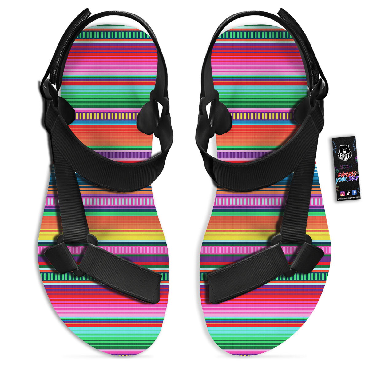 Blanket Stripe Ethnic Serape Print Black Open Toe Sandals-grizzshop