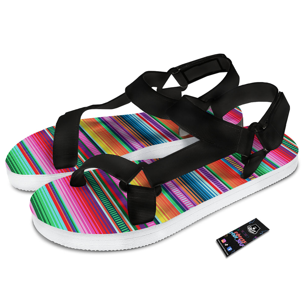 Blanket Stripe Ethnic Serape Print Black Open Toe Sandals-grizzshop