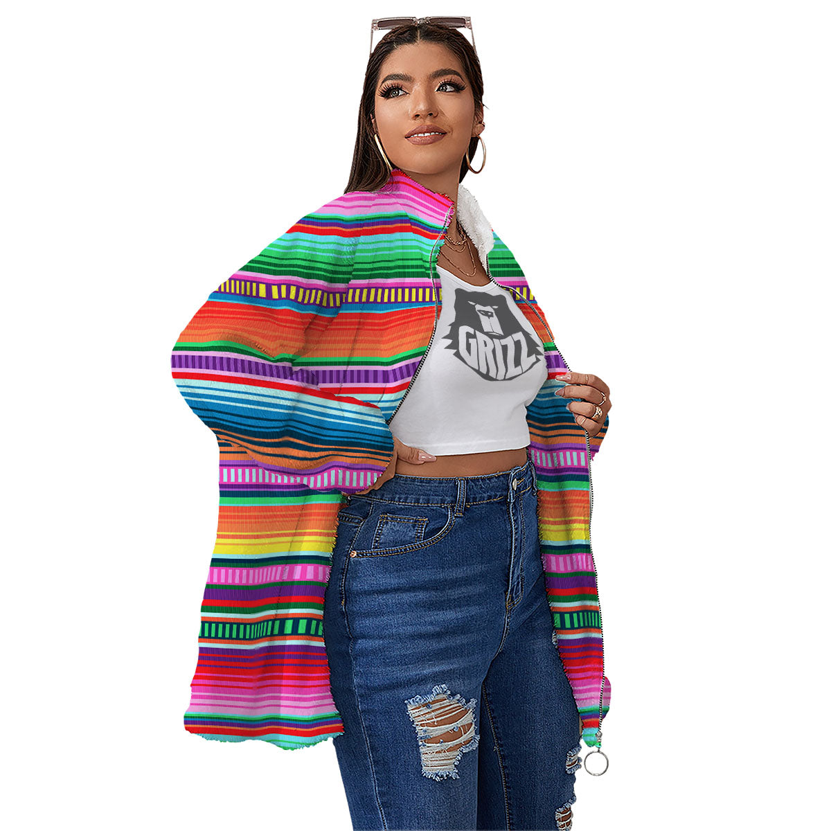 Blanket Stripe Ethnic Serape Print Women's Sherpa Jacket-grizzshop