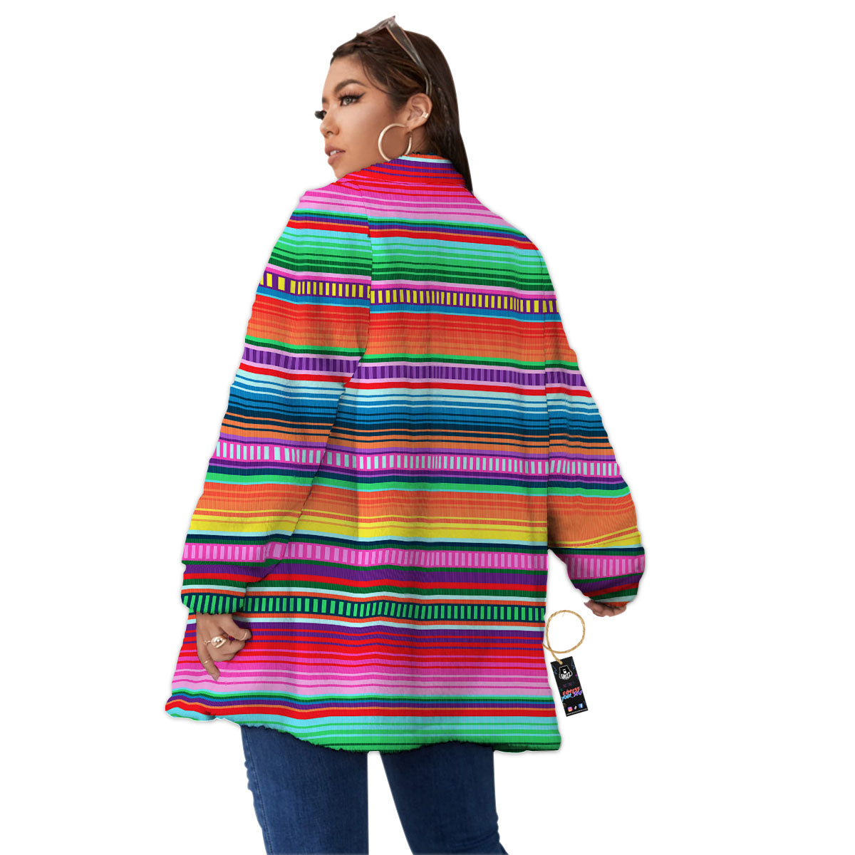 Blanket Stripe Ethnic Serape Print Women's Sherpa Jacket-grizzshop