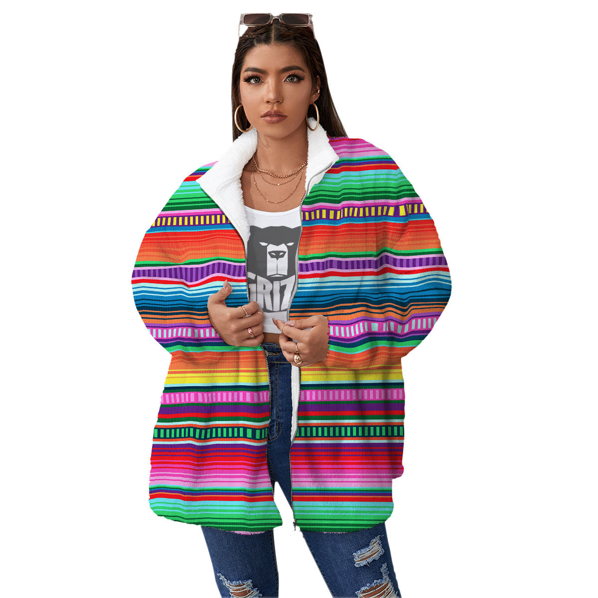 Blanket Stripe Ethnic Serape Print Women's Sherpa Jacket-grizzshop